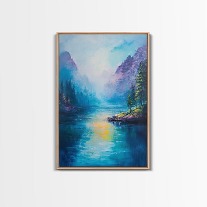 Mountain Lake View, Landscape Painting, Lake Tahoe Art, Smoky Mountain Art, Nature Wall Art, Bedroom Art, Framed Canvas Print