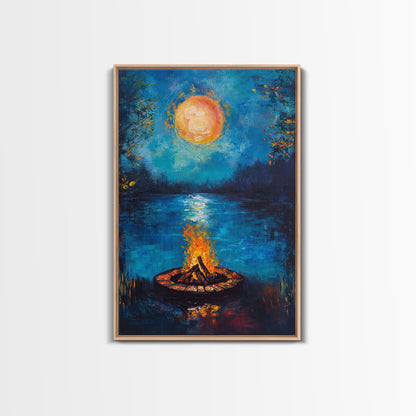 Campfire, Moonlight, Reflection, Framed Canvas Print, landscape painting, moody art, rustic wall art, blue and green wall art, bedroom art