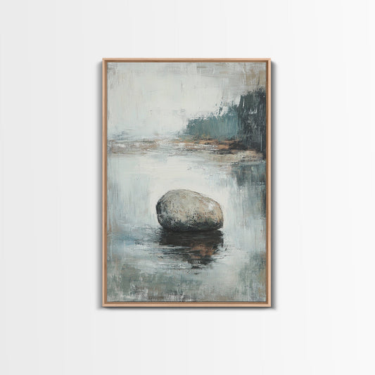 Serene River Rock Canvas Print Nature Inspired Wall Art, Minimalist Landscape Painting, Zen Decor, Neutral Tones, Living Room Artwork