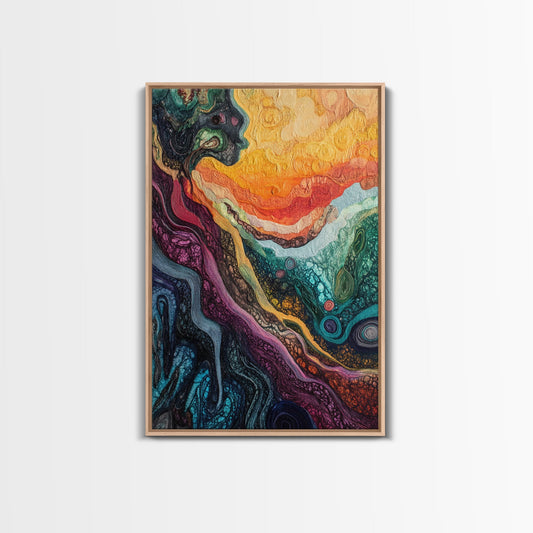 Psychedelic Abstract Texture Framed Canvas Print, Surreal Art, Vibrant Wall Art, Modern Abstract Painting, Unique Artwork, Office Decor
