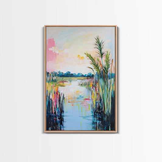 Lakeside Serenity Framed Canvas Print | Nature Landscape Painting | Peaceful Water Reflection Art | Boho Wall Decor | Pastel Colors