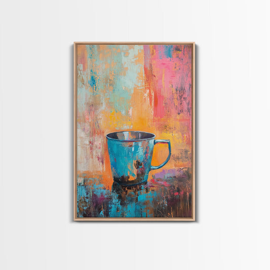 Boho Coffee Cup Framed Canvas Print Vibrant Abstract Wall Art, Rustic Kitchen Decor, Cozy Cafe Artwork, Warm Colorful Home Accent