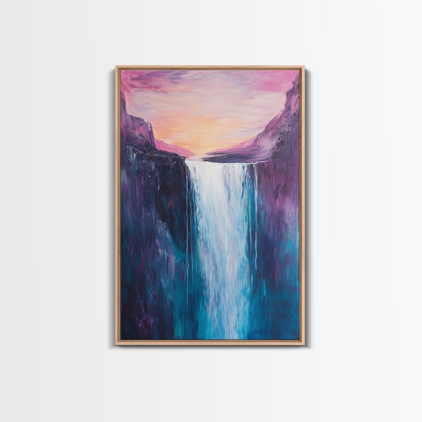 Waterfall Sunset, Moody Art, Mountain Painting, Landscape Painting, Pink Orange Wall Art, Above Couch Art, Canvas Print