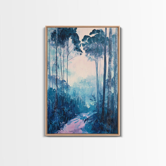 Misty Forest, moody art, birch tree art, pine tree art, landscape painting, gift idea for her, Framed Canvas Print, bedroom art