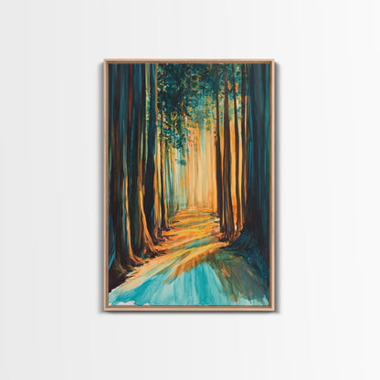 Golden Forest, moody art, pine tree art, wabi sabi wall art, landscape painting, rustic decor, Framed Canvas Print, autumn decor
