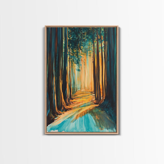 Golden Forest, moody art, pine tree art, wabi sabi wall art, landscape painting, rustic decor, Framed Canvas Print, autumn decor