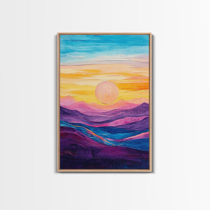 Sunset Horizon, Mountain Painting, Pink Orange Wall Art, Abstract Landscape Art, Canvas Print, Above Sofa Art, Bedroom Art