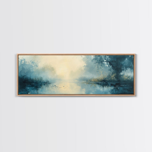 Misty Lake Canvas Print Serene Nature Wall Art, Neutral Forest Landscape, Soft Blue Wall Decor, Minimalist Bedroom Artwork