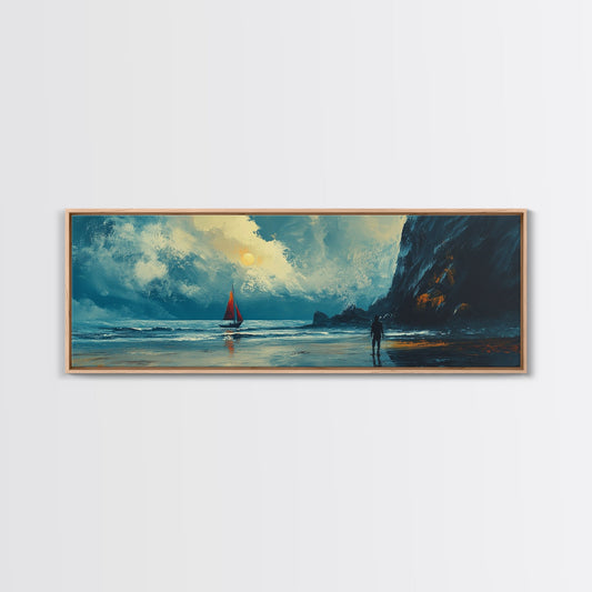 Moonlit Sailboat Canvas Print Dramatic Ocean Wall Art, Coastal Nautical Painting, Dark Blue Seascape, Moody Living Room Decor