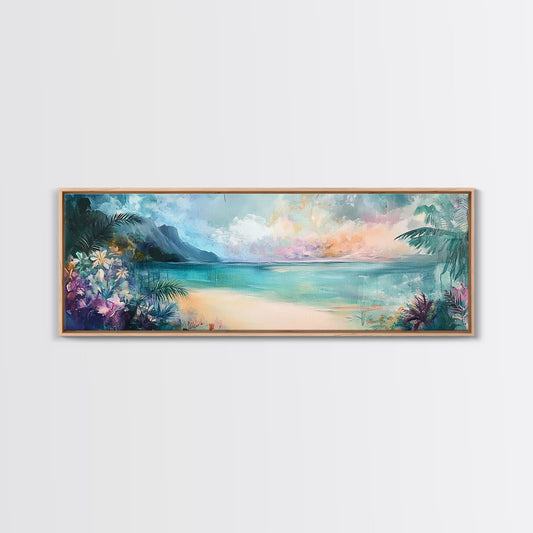 Tropical Beach Paradise Framed Canvas Print, Vibrant Ocean Wall Art, Hawaii Sunset Painting, Coastal Living Room Decor, Relaxing Art