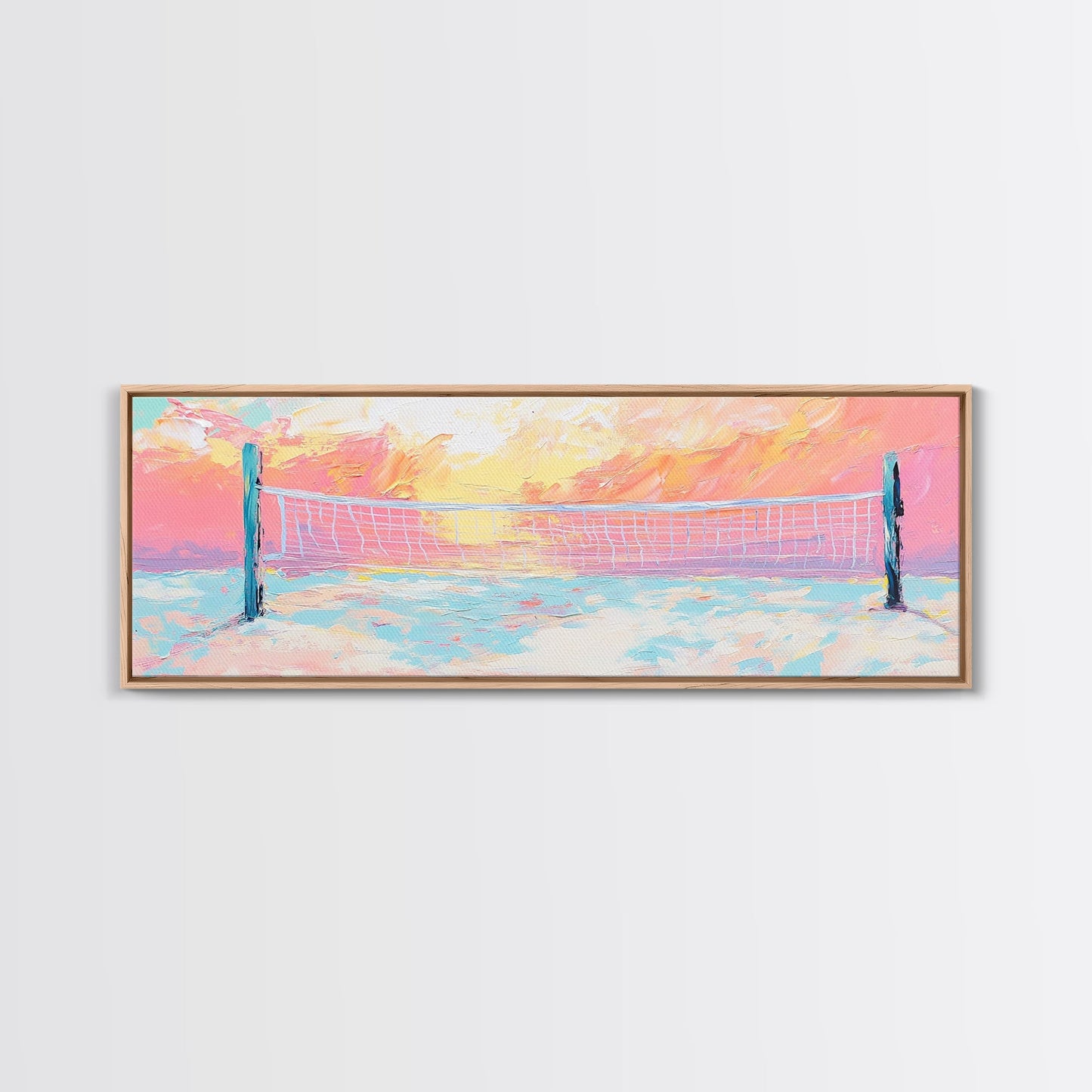 Sunset Beach Volleyball Painting, Pastel Ocean Sports Art, Fun Summer Wall Decor, Playful Living Room, Framed Canvas Print