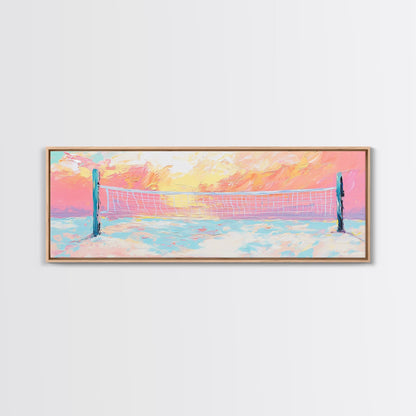 Sunset Beach Volleyball Painting, Pastel Ocean Sports Art, Fun Summer Wall Decor, Playful Living Room, Framed Canvas Print