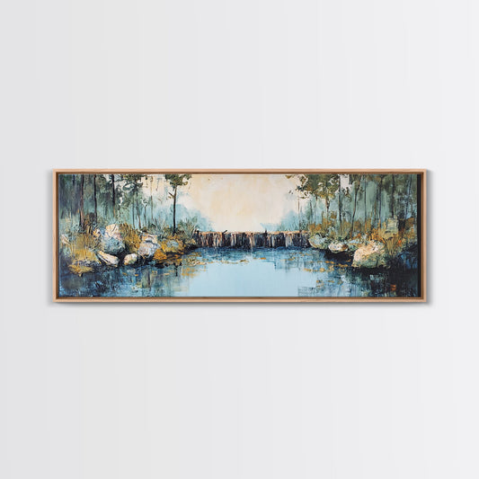 Tranquil River Framed Canvas Print Nature Landscape Art Rustic Cabin Decor Serene Waterfall Painting Lodge Wall Art Autumn Forest Scene