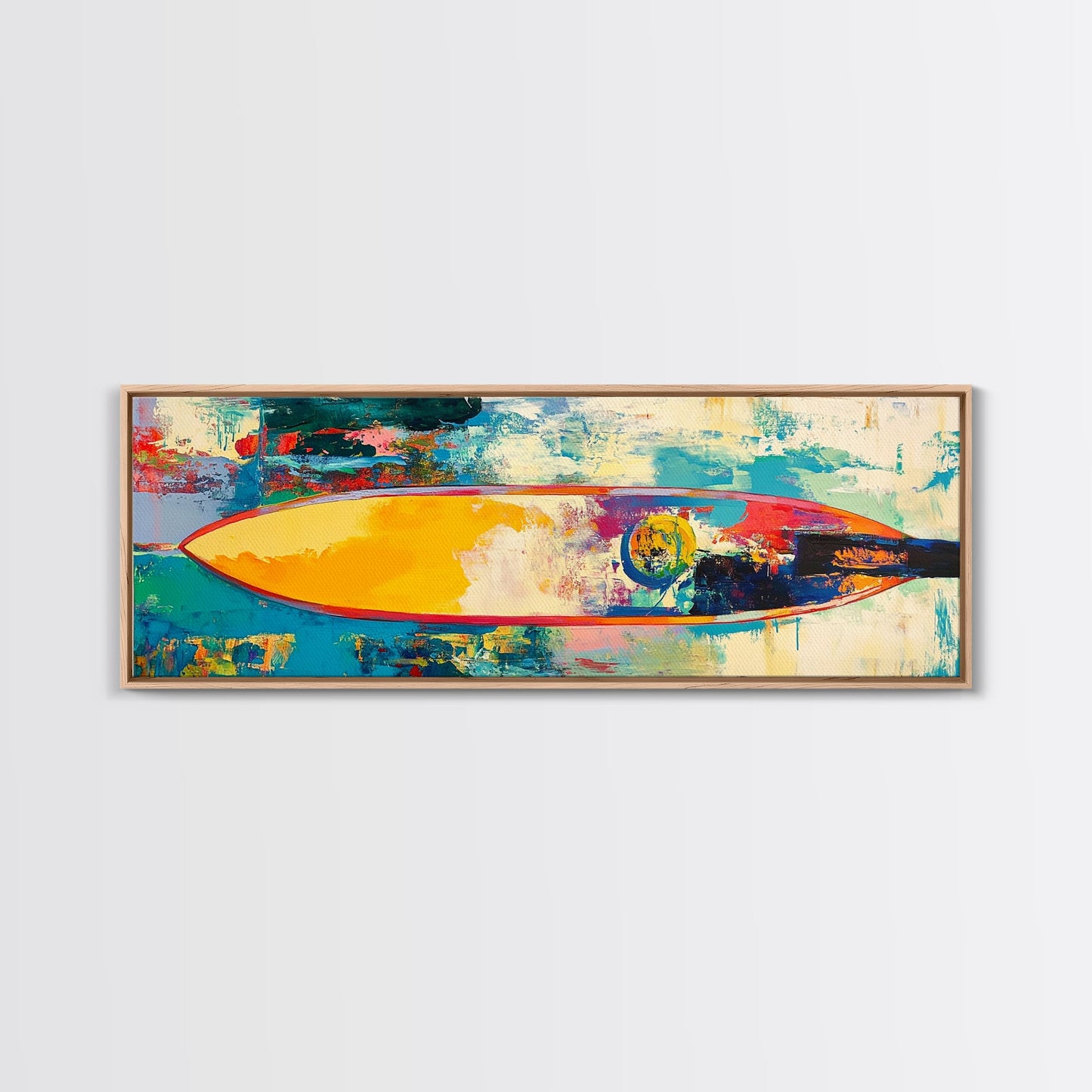 Abstract Surfboard Framed Canvas Print Coastal Beach House Wall Art, Vibrant Surfing Decor, Colorful Ocean Painting, Modern Boho Art