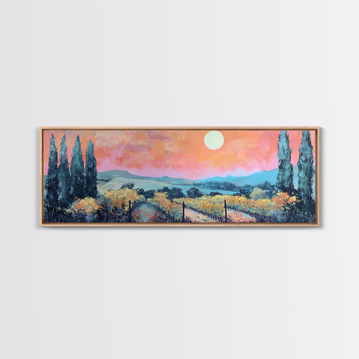 Tuscany Vineyard Painting Sunset Landscape Wall Art Rustic Countryside Decor Warm Autumn Aesthetic Dining Room