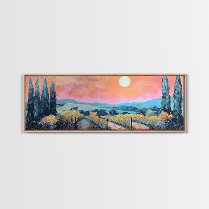 Tuscany Vineyard Painting Sunset Landscape Wall Art Rustic Countryside Decor Warm Autumn Aesthetic Dining Room