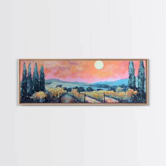 Tuscany Vineyard Painting Sunset Landscape Wall Art Rustic Countryside Decor Warm Autumn Aesthetic Dining Room