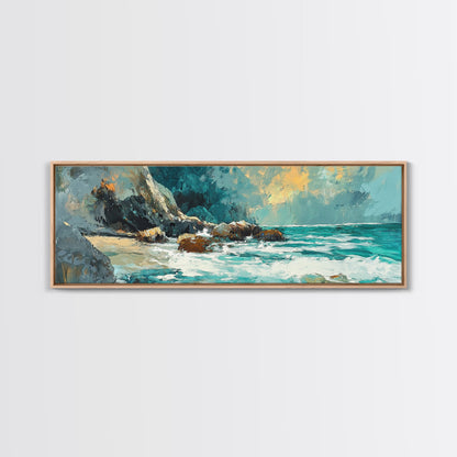 Ocean Cliffside Painting Coastal Rocky Beach Wall Art Dramatic Seascape Artwork Nautical Home Decor Dining Room