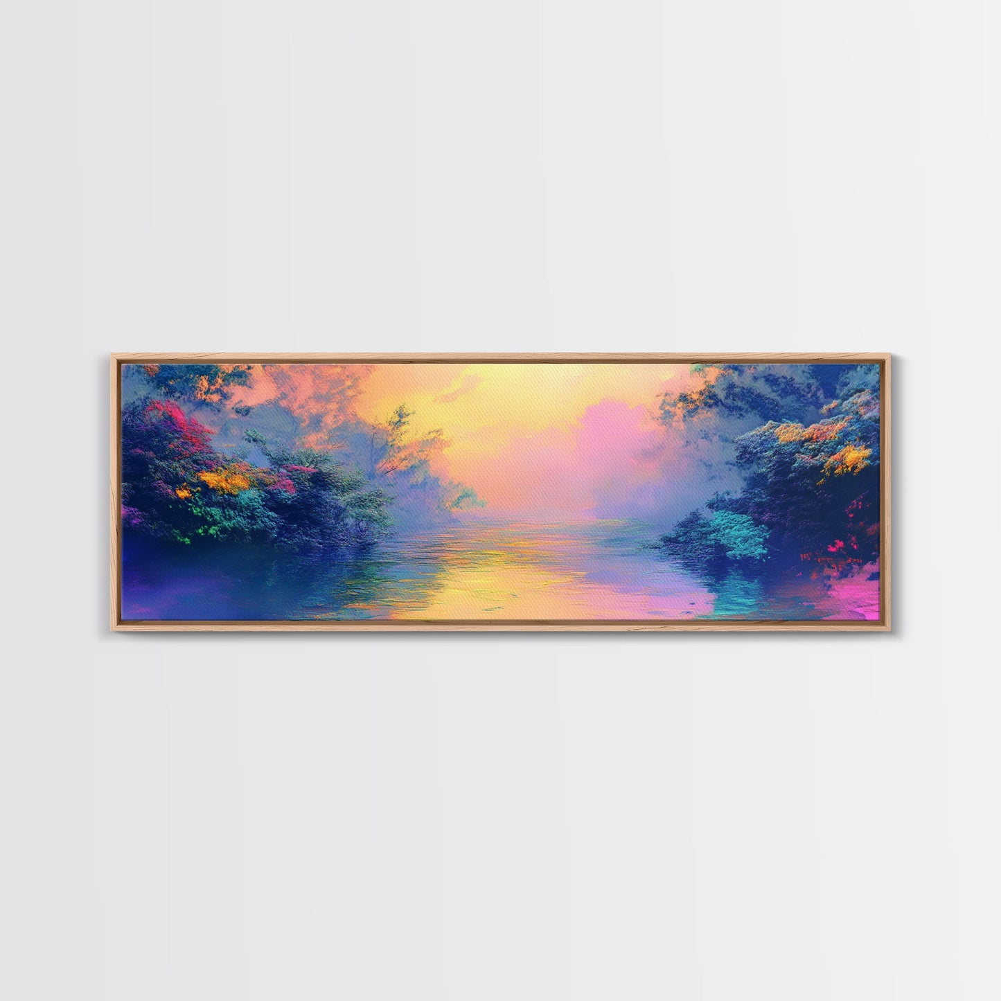 Vibrant Sunset River Framed Canvas Print, Colorful Nature Art, Dreamy Landscape Painting, Living Room Wall Art, Boho Sunset Decor