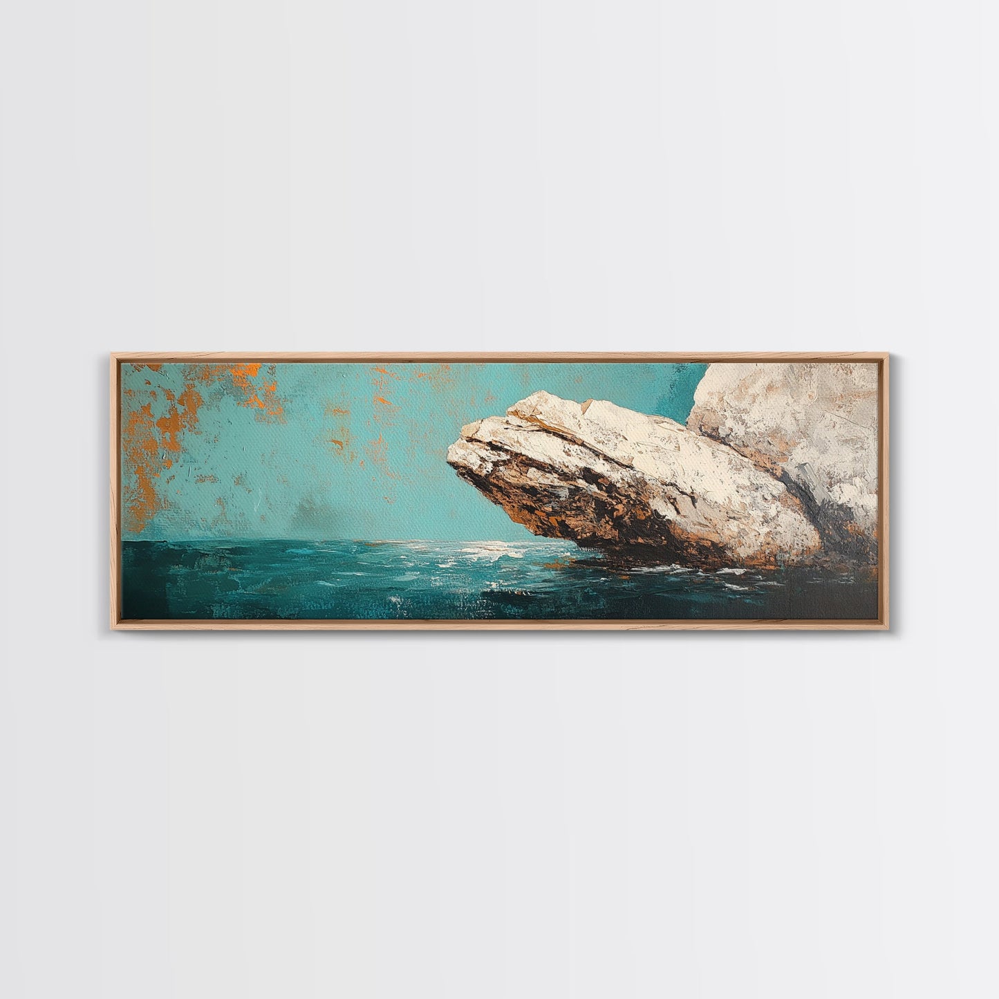 Coastal Rock Formation Framed Canvas Print, Ocean Cliff Painting, Nautical Wall Art, Beach House Decor, Textured Landscape Artwork