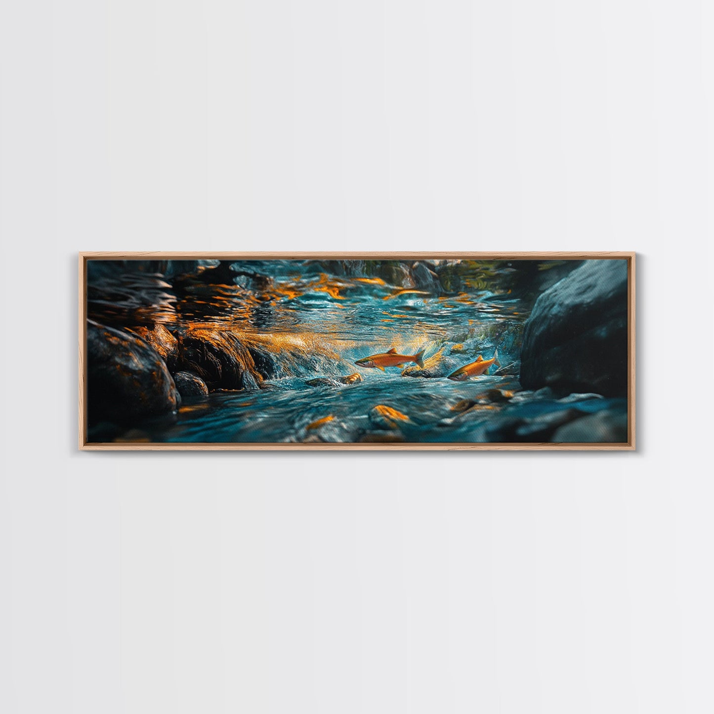 Vibrant Underwater River Scene Framed Canvas Print, Nature Wall Art, Rustic Cabin Decor, Wildlife Painting, Living Room Art