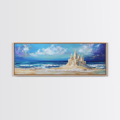 Fantasy Sandcastle Seascape Framed Canvas Print, Beach House Wall Art, Nautical Painting, Whimsical Ocean Scene, Kids Room Decor