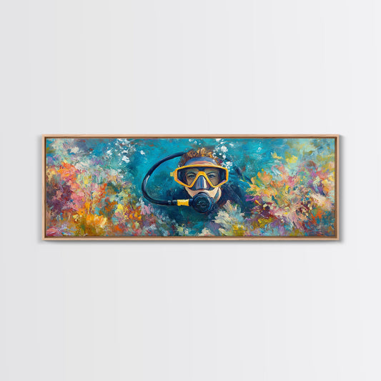 Colorful Scuba Diver Canvas Print Vibrant Ocean Art Tropical Coral Reef Painting Coastal Beach House Wall Art Underwater Decor