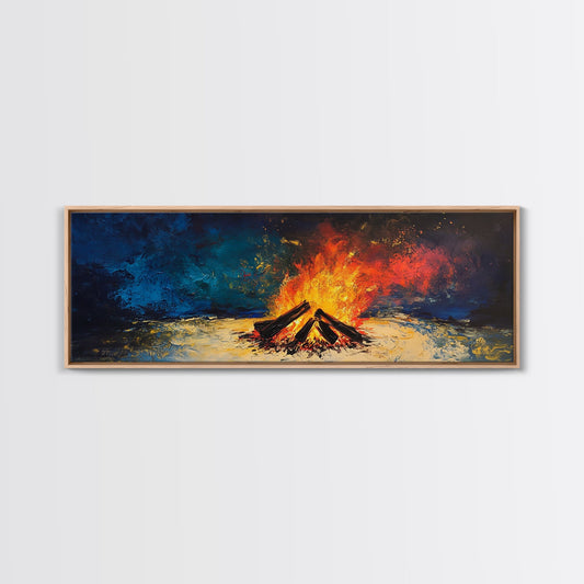 Fiery Campfire Night Canvas Print Rustic Outdoor Wall Art Cozy Bonfire Painting Autumn Cabin Decor Warm Wilderness Gift