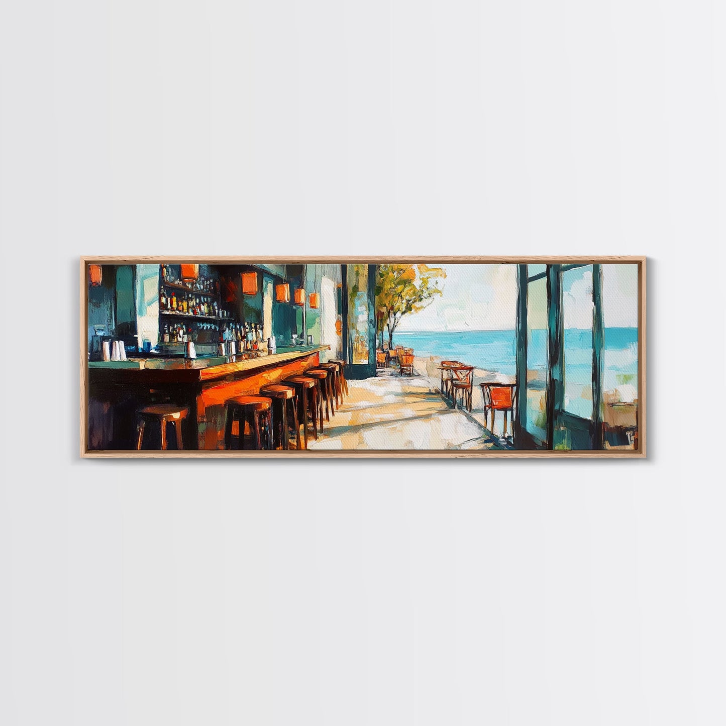 Coastal Beach Bar Framed Canvas Print Modern Seaside Cafe Painting, Coastal Kitchen Wall Art, Tropical Decor, Ocean View Artwork