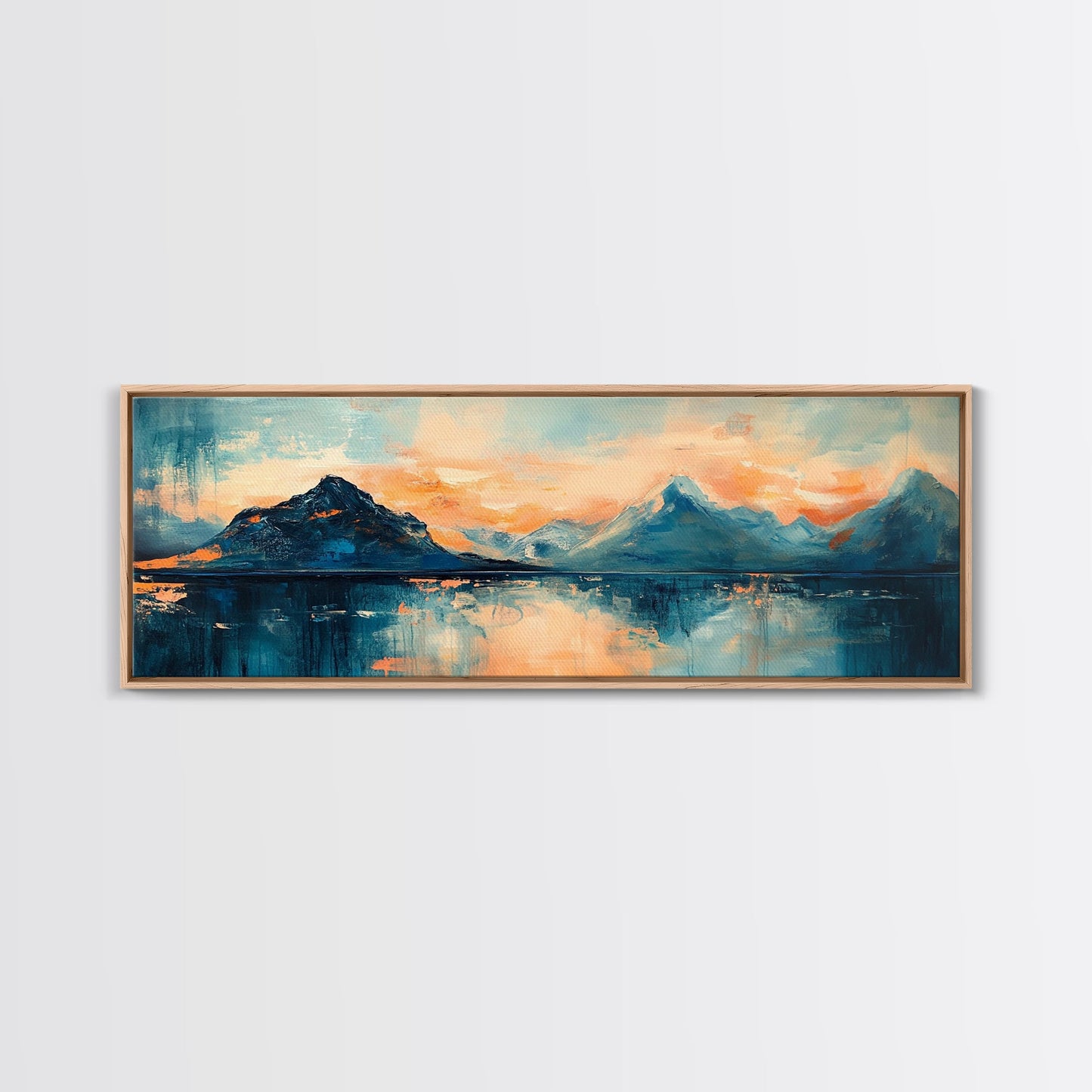 Mountain Reflections at Sunset Wall Art, Abstract Landscape Painting, Blue and Orange Artwork, Statement Piece, Office
