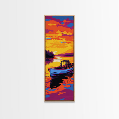 Boat, Sunset, Water, Reflection, Framed Canvas Print, Nautical Wall Art, Coastal Decor, Lakehouse Art, Cabin Wall Art, Living Room Art
