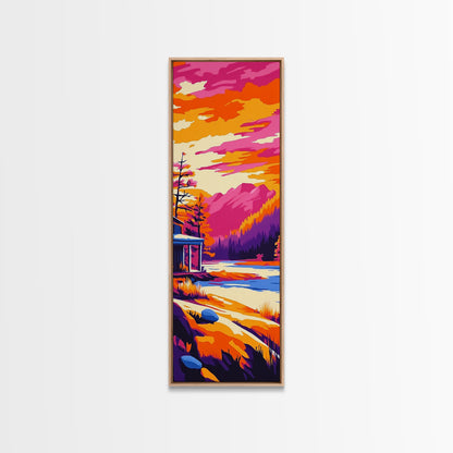 Sonnenuntergangsszene mit Hütte, gerahmter Leinwanddruck, lebendige Berglandschaft, Seelandschaft, gemütliche Hüttendekoration, Naturnahe Wohndekoration, rustikale Wandkunst