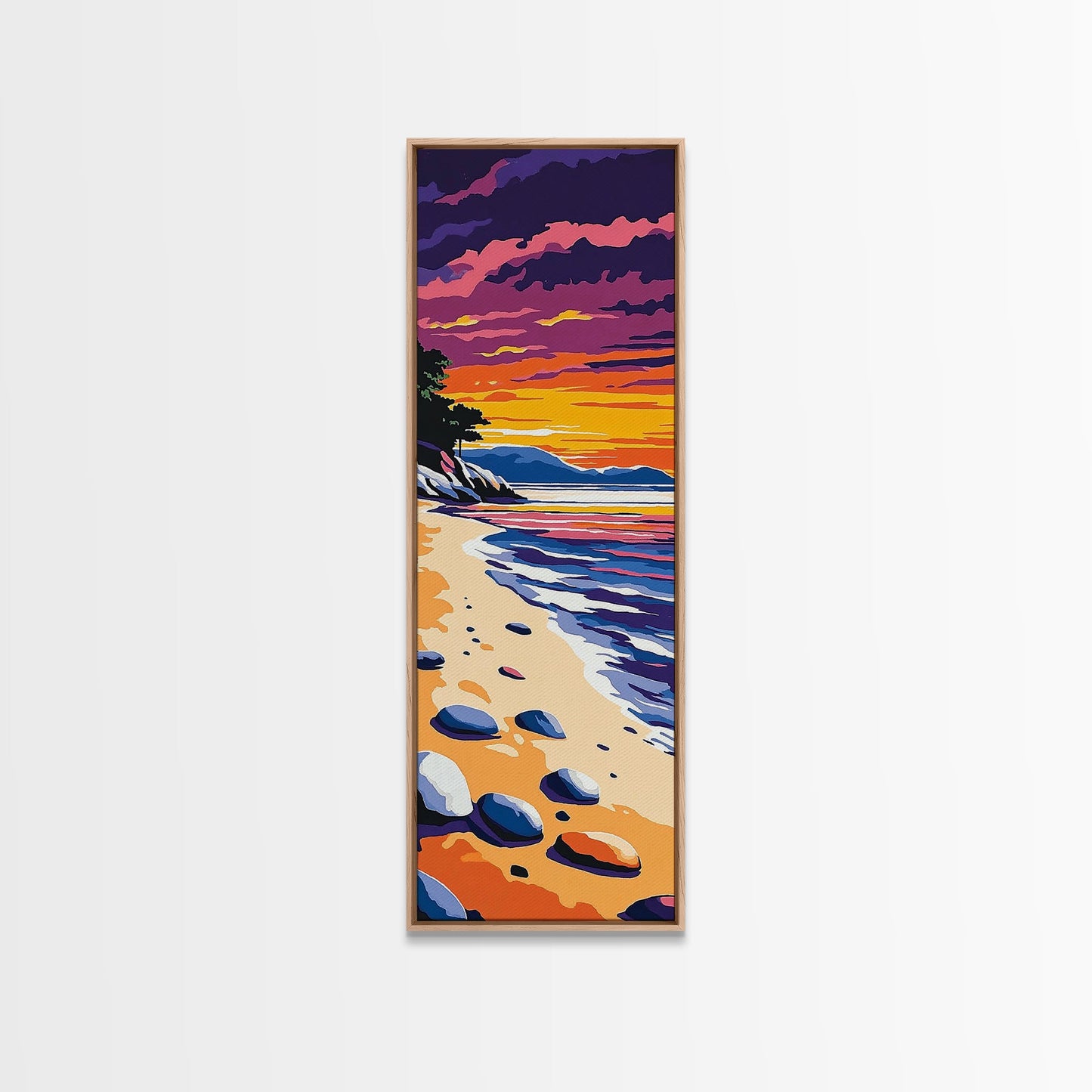 Tranquil Shoreline Sunset, Framed Canvas Print, Serene Beach Art, Vibrant Ocean View, Coastal Living Decor, Boho Aesthetic