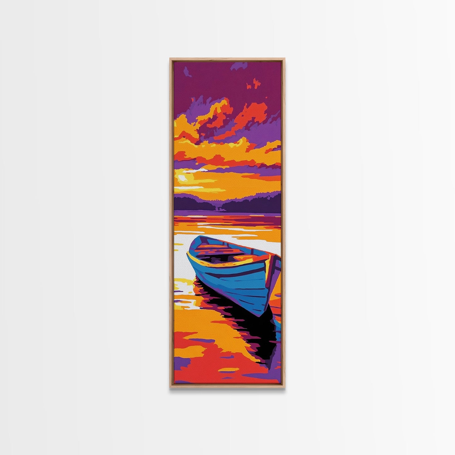 Wooden Boat, Sunset Reflection, Tranquil Lake, Water Art, Framed Canvas Print, Rustic Decor, Nautical Theme, Bedroom Wall Art