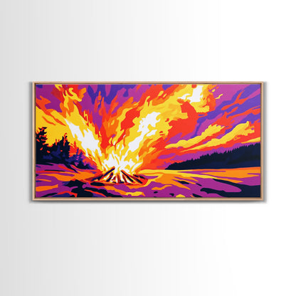 Campfire Blaze, Night Sky Glow, Framed Canvas Print, Cozy Cabin Wall Art, Rustic Living Room, Adventure Decor, Warm Autumn Colors