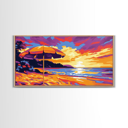 Beach Umbrella, Coastal Sunset Art, Vibrant Ocean Scene, Warm Tropical Decor, Beach Print, Canvas Print, Bedroom Wall Art, Lounge Art