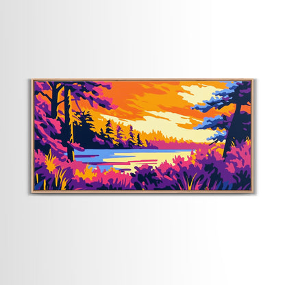 Forest Lake, Autumn Sunset, Vibrant Nature Scene, Rustic Cabin Wall Art, Cozy Home Aesthetic, Framed Canvas Print