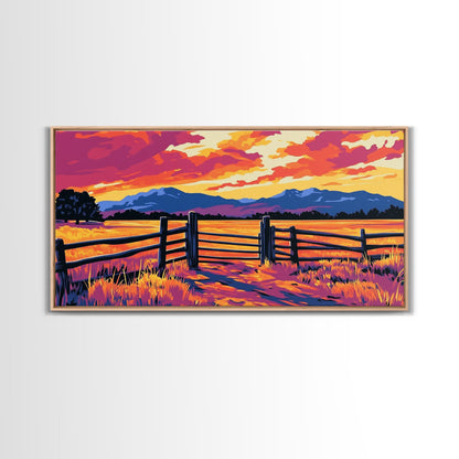 Rustic Fence, Prairie Landscape, Western Wall Art, Golden Fields, Warm Sunset, Country Aesthetic, Entryway, Canvas Print