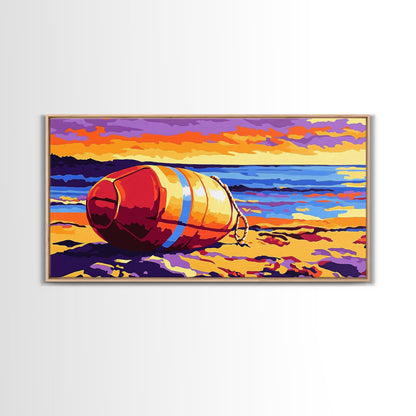 Beach Buoy, Coastal Sunset Painting, Vibrant Nautical Art, Ocean Shore Decor, Framed Canvas Print, Bathroom Wall Art, Beach House Style