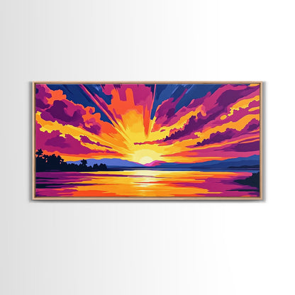 Vibrant River Sunset, Colorful Landscape Wall Art, Warm Nature Print, Bold Sky Painting, Autumn Home Decor, Framed Canvas Print