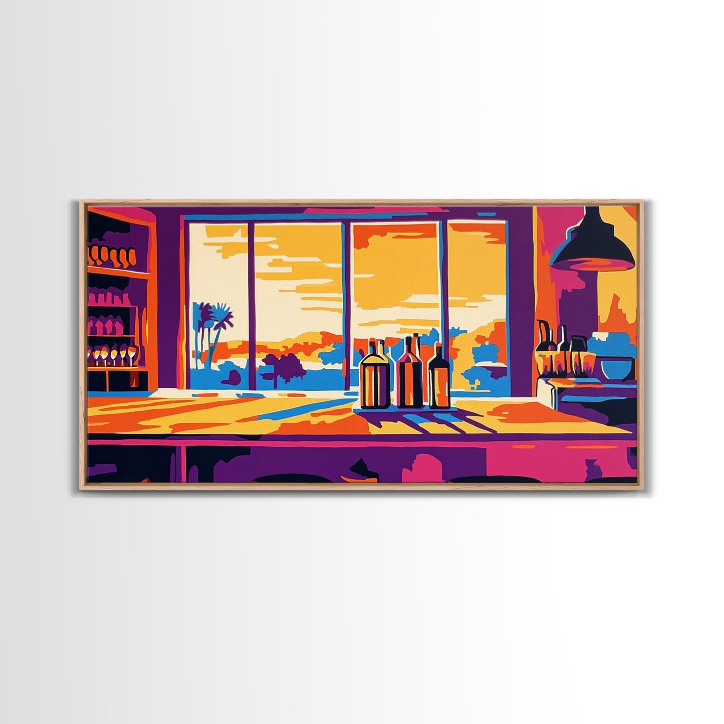 Bar Sunset, Wine Bottles, Cozy Kitchen, Framed Canvas Print, Wall Art, Modern Home, Dining Room, Cocktail Lounge, Warm Colors, Vibrant Art
