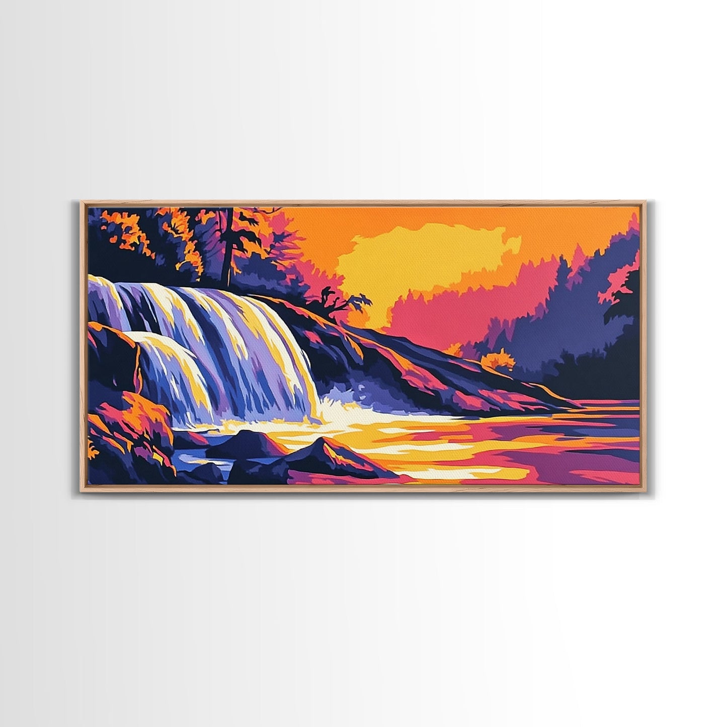 Waterfall, Forest, Autumn Sunset, Peaceful Scenery, Framed Canvas Print, Cabin Retreat, Rustic Home, Relaxing Nature, Vibrant Colors