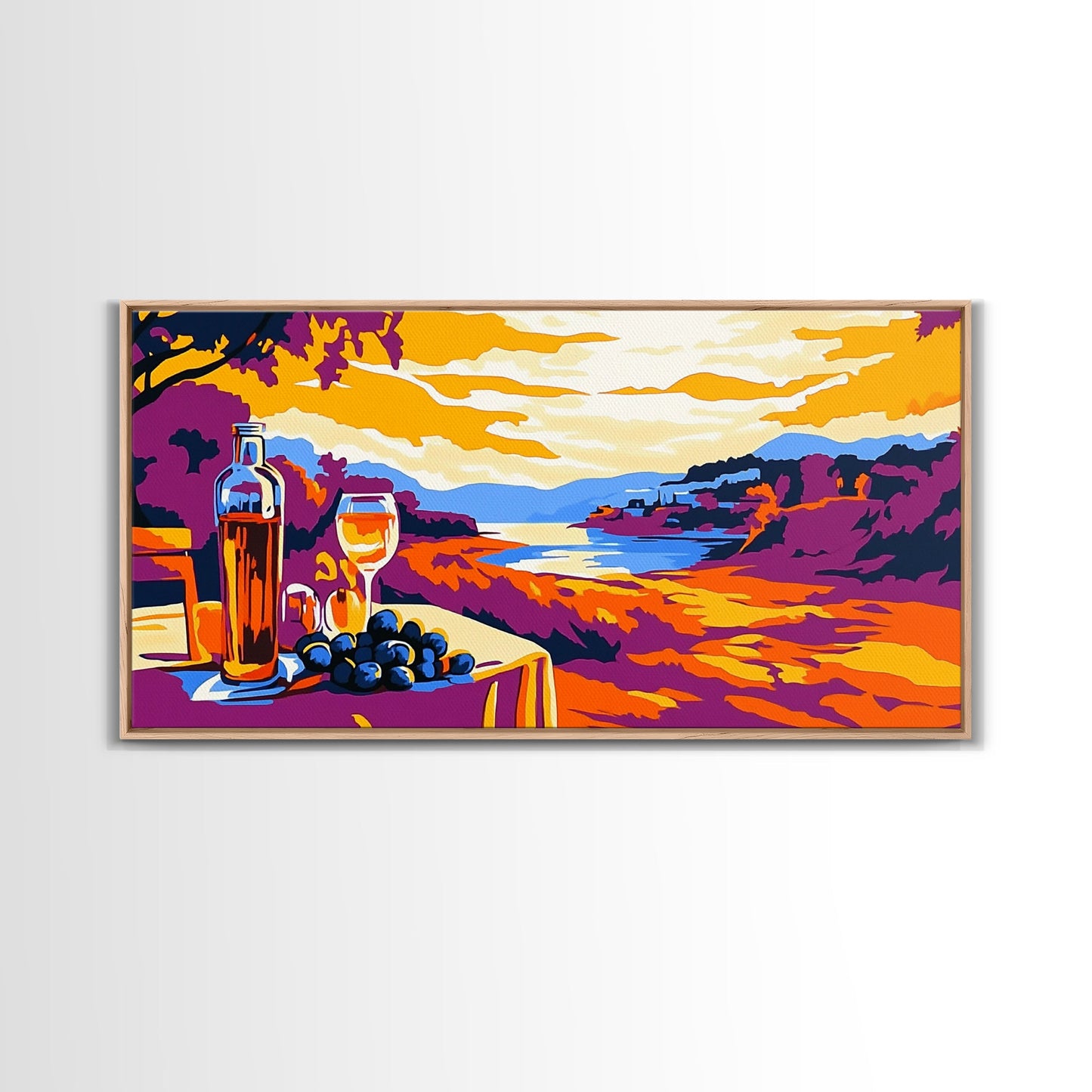 Wine and Sunset, Coastal Vineyard Art, Framed Canvas Print, Kitchen Wall Decor, Rustic Countryside Art, Tuscany Inspired