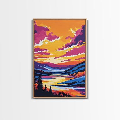Sunset Valley, Reflection, Framed Canvas Print, Mountain River Art, Vibrant Landscape, Living Room Wall Art, Rustic Home Decor