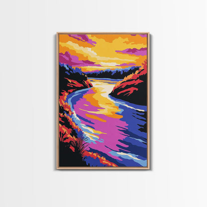 Sunset River Bend, Vibrant Landscape, Colorful Sky, Bold Nature, Framed Canvas Print, Living Room Art, Rustic Wall Decor, Boho Landscape
