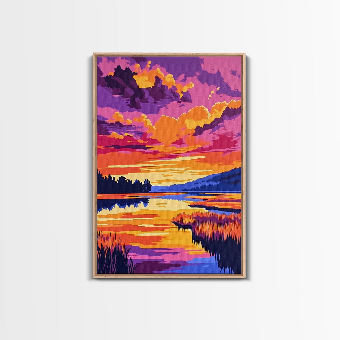 Sonnenuntergangsspiegelung, lebendige Naturkunst, Herbstlandschaft, malerische Wanddekoration, gerahmter Leinwanddruck, Wandbild fürs Wohnzimmer, Boho-Kunst