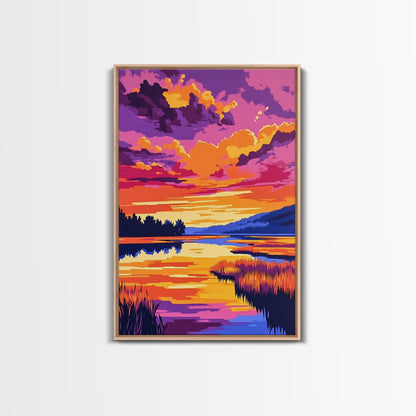 Sonnenuntergangsspiegelung, lebendige Naturkunst, Herbstlandschaft, malerische Wanddekoration, gerahmter Leinwanddruck, Wandbild fürs Wohnzimmer, Boho-Kunst