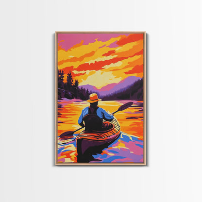 Kayaker Journey, Scenic River Painting, Vibrant Water Art, Framed Canvas Print, Adventure Wall Decor, Nature Lover Art, Sports Wall Art