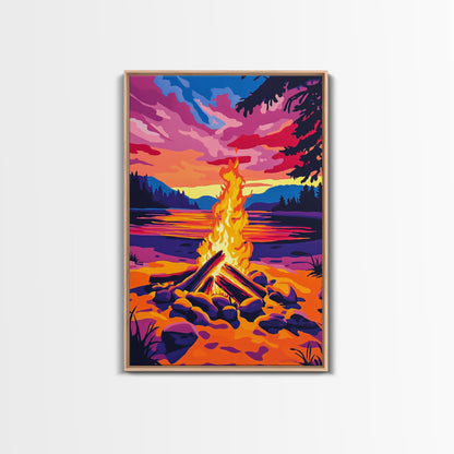 Campfire at Sunset, Framed Canvas Print, Cozy Outdoor Scene, Vibrant Warm Colors, Rustic Cabin Wall Art, Nature Art, Living Room Accent