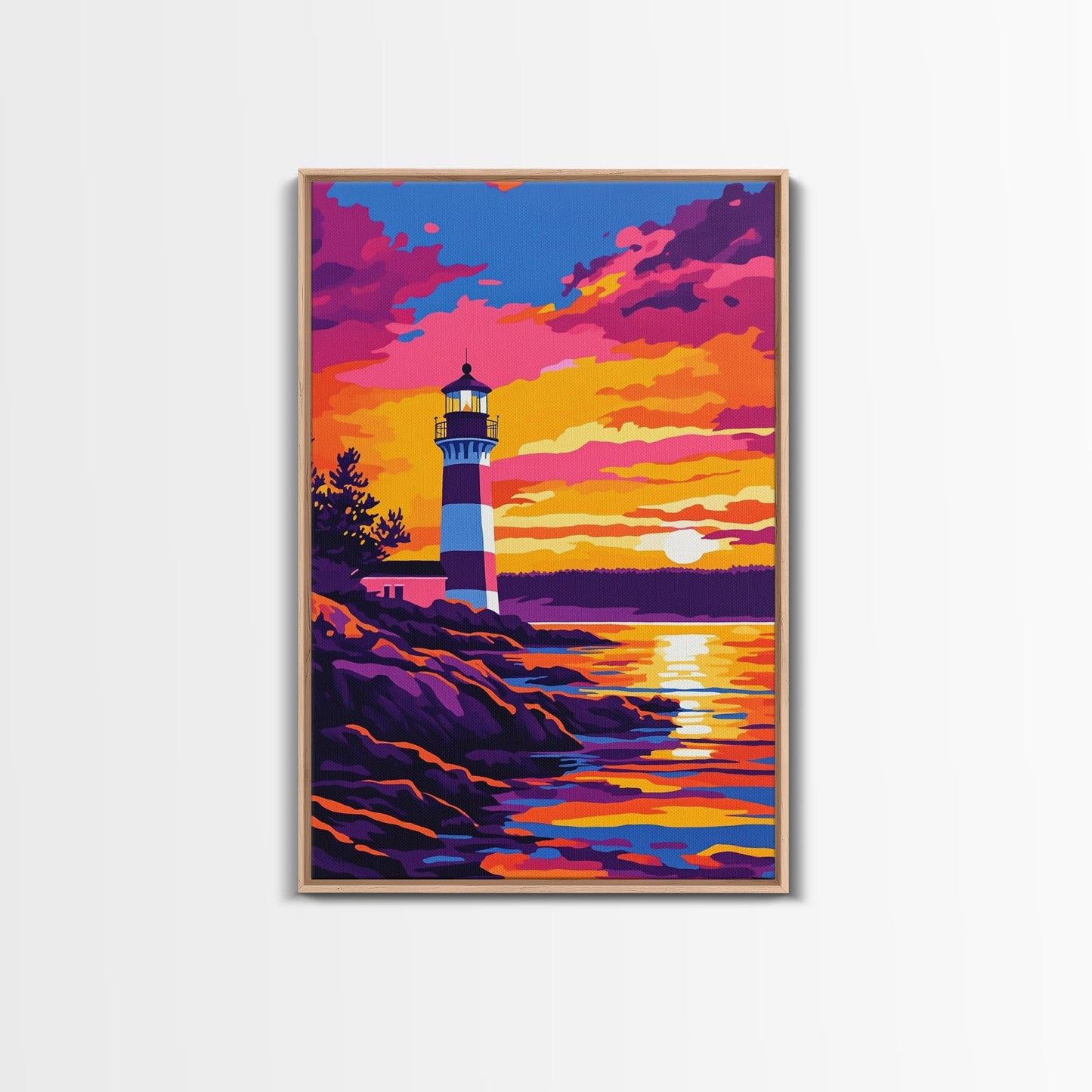 Leuchtturm, Sonnenuntergang, Küste, Meereslandschaft, gerahmter Leinwanddruck, nautische Dekoration, Wandbild fürs Strandhaus, lebendiges Ozeangemälde, Wohnzimmerkunst